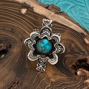 GREGORY SEGURA Santa Fe Sterling Silver & Turquoise 3-D Ring Fancy Stampings 6.5